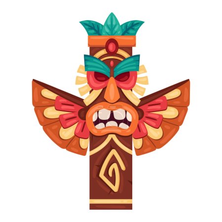Illustration for Cartoon tiki totem. Wooden ritual ethnic statue, hawaiian or african aboriginal culture pole totem flat vector illustration. Traditional carving indigenous sculpture - Royalty Free Image