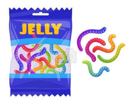 Illustration for Cartoon gummy worms. Chewy jelly candies package, sugary marmalade packaging, tasty sweets in plastic bag flat vector illustration. Gummy chewy worms - Royalty Free Image