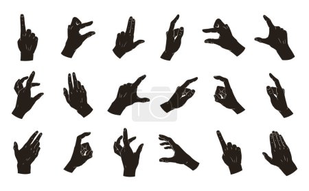 Ilustración de Pantalla táctil gestos siluetas. Deslizar la pantalla del teléfono inteligente, toque, pellizque, zoom y gire los gestos de la mano conjunto de ilustración de vector plano. Pantalla táctil signos de mano - Imagen libre de derechos