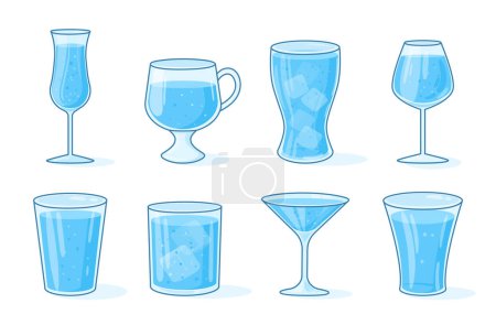 Illustration for Water glasses. Cartoon transparent water glasses and cups, glass with ice mineral water flat vector illustration set. Water tableware collection - Royalty Free Image