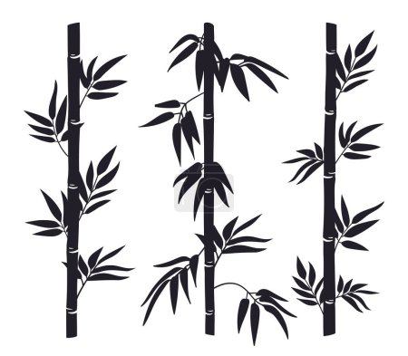 Téléchargez les illustrations : Silhouettes de tiges de bambou. Jungle tiges de forêt de bambou avec des feuilles, décor à l'encre noire bambou plat vecteur illustration ensemble. Silhouettes de bambous - en licence libre de droit