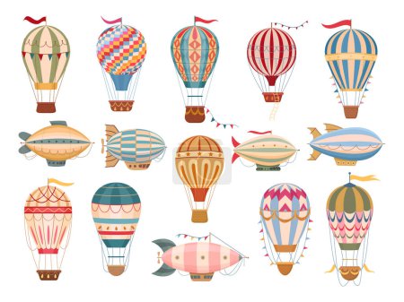 Illustration for Cartoon vintage hot air balloons. Flying dirigibles and retro air hot air balloons decorated with flags and garlands flat vector illustration set. Cute air transport collection - Royalty Free Image