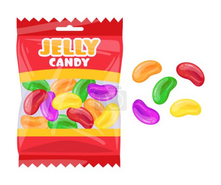 Illustration for Jelly bean package. Fruity gummies, chewy jelly candy sweets with fruit flavor flat vector illustration. Gummy chewy jelly candies bag - Royalty Free Image