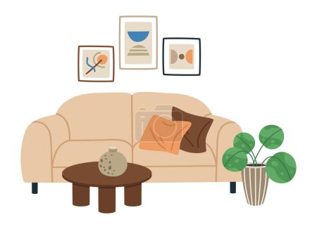 Ilustración de Sala de estar interior. Muebles de apartamento modernos, cómodo sofá, mesa de centro y planta plana vector ilustración. Acogedor salón - Imagen libre de derechos