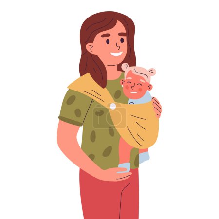 Téléchargez les illustrations : Maman portant un bébé en fronde. Jeune mère avec bébé, jolie petite fille dans les mains de la mère illustration vectorielle plate. Parent femelle avec tout-petit en fronde - en licence libre de droit