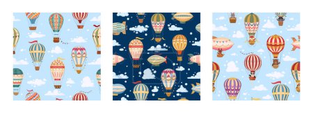 Illustration for Hot air balloon seamless patterns. Cartoon vintage air balloons with cute animals on board, dirigibles and retro aircrafts flat vector endless illustration. Air transport seamless patterns - Royalty Free Image