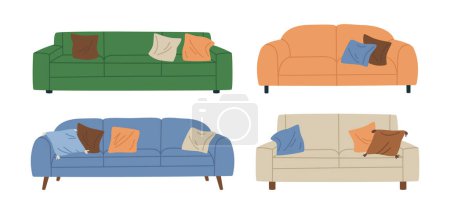 Illustration for Sofa and couch set. Hand drawn comfy living room furniture, modern cozy house interior elements flat vector illustration set. Modern couches collection - Royalty Free Image