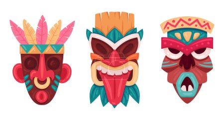 Illustration for Wooden tiki masks. Cartoon ceremonial tiki totem masks, african or hawaiian idols flat vector illustration set. Ethnic tribal ritual masks - Royalty Free Image