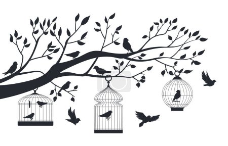 Illustration for Bird cage on tree. Exotic birds in in metal cages silhouettes, decorative birds, finch, budgie and parrot in tree cage flat vector illustration. Bird cage hanging on tree - Royalty Free Image