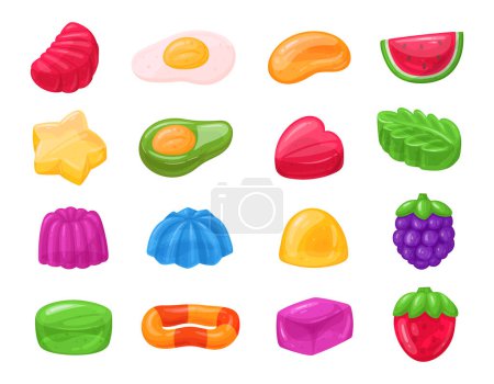 Ilustración de Conjunto de caramelos de goma. Jalea afrutada de dibujos animados, dulces masticables con varios sabores conjunto de ilustración vectorial plana. Deliciosa colección de caramelos de jalea - Imagen libre de derechos