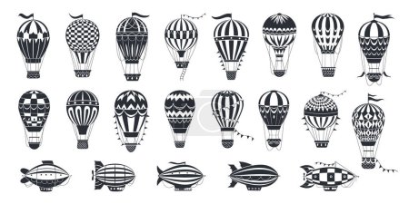 Illustration for Hot air balloons silhouettes. Vintage flying hot air balloons, airships and dirigibles flat vector illustration set. Retro aircrafts silhouettes - Royalty Free Image