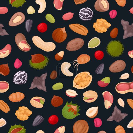 Ilustración de Nueces patrón sin costuras. Semillas y frutos secos, almendras crudas, cacahuetes, nueces, macadamia y avellanas de diseño sin fin. Ilustración de fondo de vector plano - Imagen libre de derechos