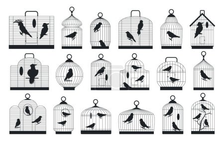 Illustration for Birds cages silhouettes. Domestic birds sitting in metal cages silhouette, cockatoo, finch, canary and budgie flat vector illustration set. Black ink cages collection - Royalty Free Image