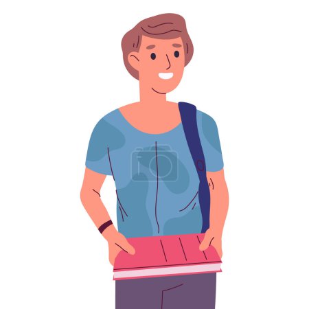 Illustration for Male high school student. Cheerful college student carrying books flat vector illustration. Smiling guy standing alone on white background - Royalty Free Image