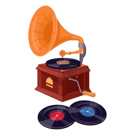 Illustration for Cartoon antique gramophone. Vintage disk players and vinyl records, retro music devices flat vector illustration. Old gramophone - Royalty Free Image