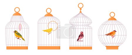 Illustration for Bird cages. Cartoon domestic birds in iron cages, exotic decorative birds, finch and canary flat vector illustration set. Little birds sitting in cages - Royalty Free Image