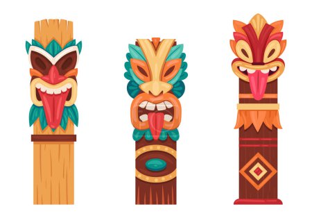 Téléchargez les illustrations : Statues autochtones en bois. totems pôle Tiki, rituels hawaïens et africains sculptures traditionnelles sculpture vectorielle plat ensemble d'illustration. totems de pôles autochtones ethniques - en licence libre de droit