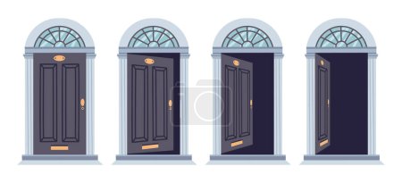 Illustration for Door in various positions. House entrance door animation, opened and closed wooden doors flat vector illustration set. Close and open door - Royalty Free Image