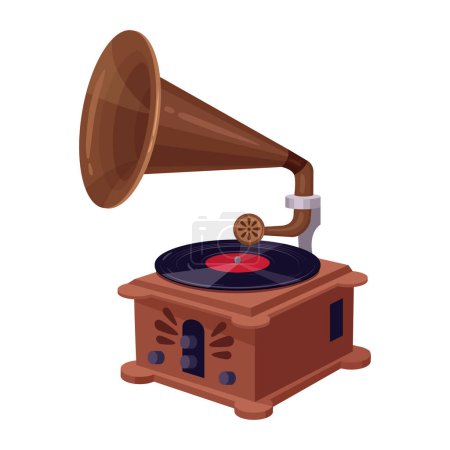 Illustration for Vintage gramophone player. Retro gramophone, antique music device for listening music flat vector illustration. Cartoon old gramophone - Royalty Free Image