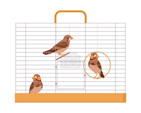 Illustration for Exotic birds in cage. Cartoon iron wire bird cage, domestic cute finches flat vector illustration. Decorative birds sitting in cage - Royalty Free Image