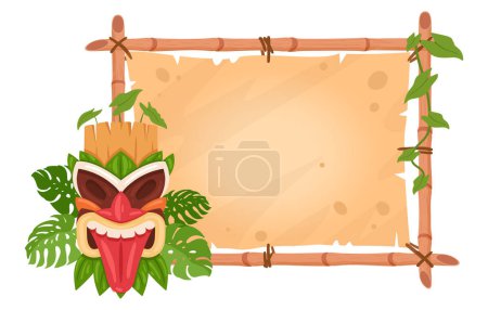 Ilustración de Caricatura tiki tótem marco. Signo de bambú con máscara primitiva hawaiana y africana de madera. Marco indígena con máscara tribal ilustración vectorial plana - Imagen libre de derechos