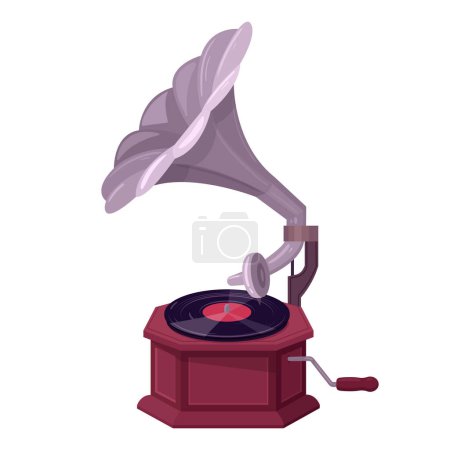 Illustration for Gramophone player. Vintage gramophone, antique music device for listening music flat vector illustration. Retro gramophone on white background - Royalty Free Image