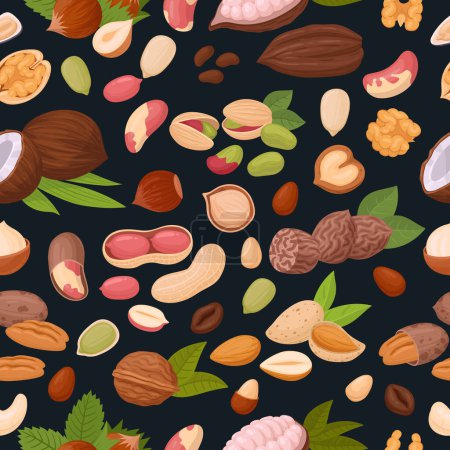 Illustration for Nuts seamless design. Nuts and seeds print, walnut, almond, peanut and macadamia flat vector seamless background. Nuts and seeds endless illustration - Royalty Free Image