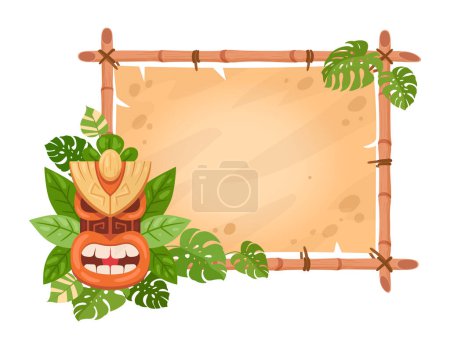 Téléchargez les illustrations : Cadre en bambou totem Tiki. Dessin animé hawaïen ou africain masque totem tribal sur panneau plat vectoriel illustration. Cadre en bambou avec masque aborigène en bois - en licence libre de droit