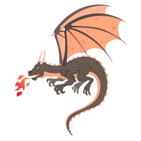 Illustration for Flying fantasy dragon. Cartoon flying fairy tale reptile, winged fire breathing dragon flat vector illustration. Fairy dragon on white - Royalty Free Image