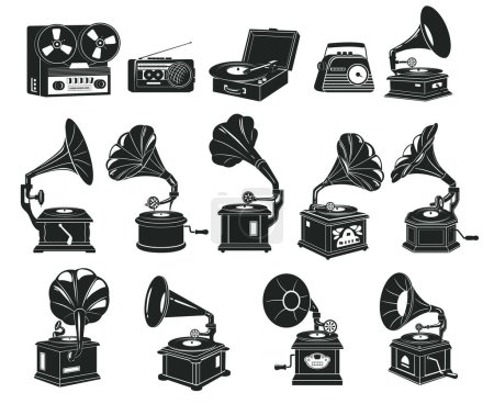 Illustration for Retro music players silhouettes. Old school audio devices, black ink retro music record audio players flat vector illustrations set. Vintage gramophone silhouette collection - Royalty Free Image