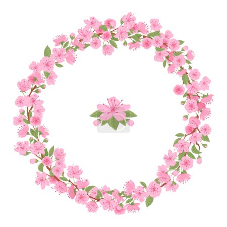 Ilustración de Marco de flores de color rosa cereza. Sakura flor rama corona redonda, Japonés florecimiento sakura árbol marco plana vector ilustración. Primavera flor de cerezo frontera - Imagen libre de derechos