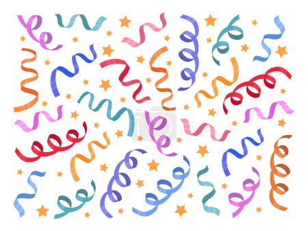 Illustration for Birthday party curly ribbons. Confetti and serpentine ribbons, festive confetti pattern flat vector background illustration. Cartoon birthday party backdrop - Royalty Free Image