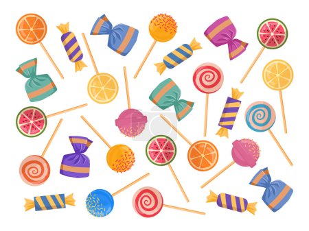 Illustration for Sweets and candy pattern. Cartoon birthday party backdrop, sweet candies flat vector background illustration. Lollipops backdrop - Royalty Free Image