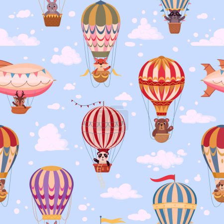 Illustration for Vintage hot air balloon seamless pattern. Cartoon air balloons with cute animals on board, retro aircrafts print flat vector illustration. Air transport endless pattern - Royalty Free Image
