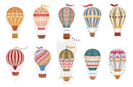 Illustration for Vintage hot air balloons. Cartoon flying hot air balloons decorated with garlands and flags flat vector illustration set. Retro air transport collection - Royalty Free Image