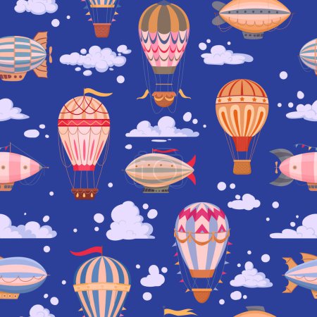 Illustration for Hot air balloon seamless pattern. Vintage cartoon air balloons, retro aircrafts print flat vector background illustration. Retro air transport endless design - Royalty Free Image
