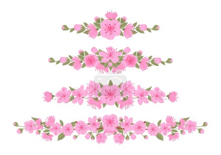 Illustration for Cherry flowers borders. Sakura blossom decorative dividers, spring sakura blossom frame borders flat vector illustration set. Japanese floral elements on white - Royalty Free Image