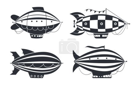 Illustration for Vintage dirigibles silhouettes. Retro aircrafts, hot air airships flat vector illustration set. Flying transportations silhouettes on white - Royalty Free Image