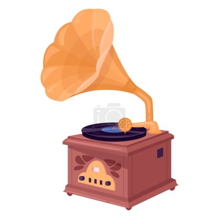 Illustration for Vintage music gramophone. Antique device for listening music, nostalgic gramophone player flat vector illustration. Retro gramophone on white background - Royalty Free Image