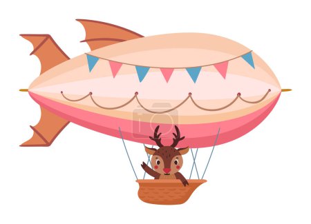 Illustration for Flying dirigible with deer. Cartoon forest animal flying on hot air balloon, retro air transport with deer on board flat vector illustration. Cute animal flying on dirigible - Royalty Free Image