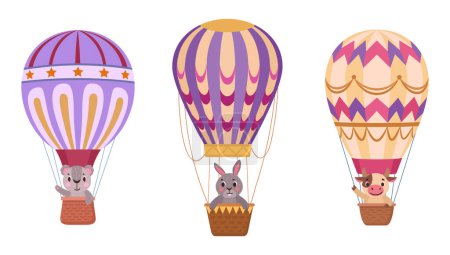 Téléchargez les illustrations : Animaux volant sur des montgolfières. Caricature rétro transport aérien avec koala, vache mignonne et lapin à bord plat vectoriel illustration ensemble. Montgolfière volante - en licence libre de droit