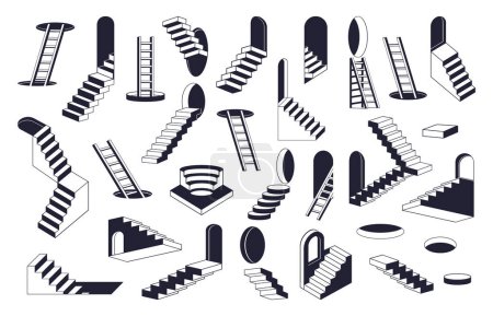 Illustration for Abstract surreal stairs. Geometric monochrome ladders and minimal outline elements flat vector illustration set. Minimal design ladders collection - Royalty Free Image