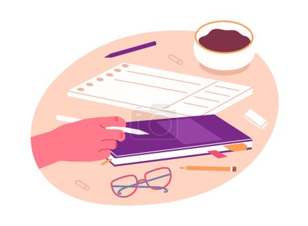 Illustration for Hand holding pencil. Writing hand filling diary, signing, taking notes flat vector illustration. Female hand with notebook on white - Royalty Free Image