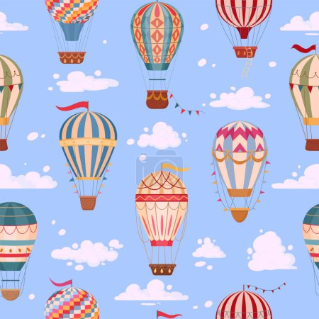 Illustration for Hot air balloon pattern. Cartoon air balloons seamless background, retro aircrafts print flat vector illustration. Vintage air transport endless design - Royalty Free Image