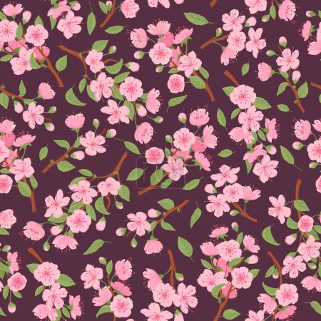 Illustration for Cherry blossom pattern. Blooming sakura seamless design, cherry flowers flat vector background illustration. Spring sakura flowers seamless pattern - Royalty Free Image