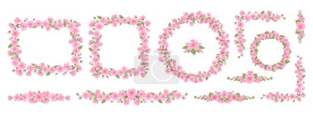 Téléchargez les illustrations : Sakura bordures de cadre de fleur. Cerisier fleurs éléments décoratifs, fleurs de sakura japonais cadres et diviseurs plat vecteur illustration ensemble. Collection de cadres floraux printemps - en licence libre de droit