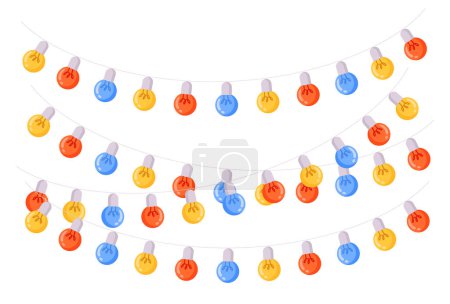 Illustration for Birthday party garlands. Cartoon festive lamp garland, light holidays decoration flat vector Illustration set. Party glowing lights bulbs - Royalty Free Image
