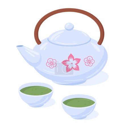 Ilustración de Té verde en tetera. Tetera de arcilla y tazas con bebida saludable, ilustración tradicional vectorial plana de té verde japonés. Dibujos animados té verde hojas bebida - Imagen libre de derechos