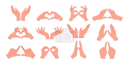 Illustration for Human hands gestures. Cartoon hands signs and symbols, heart, touching and expressions with pointing fingers flat vector illustration set. Sign language on white background - Royalty Free Image