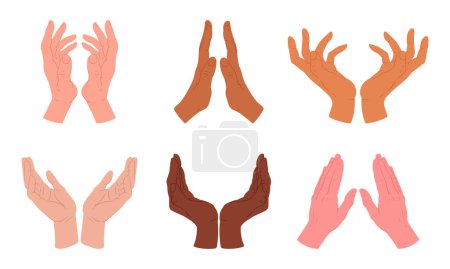 Illustration for Cartoon hands signs. Human hands gestures, diverse skin color hands palm expressions flat vector illustration set. Hands signs language on white background - Royalty Free Image